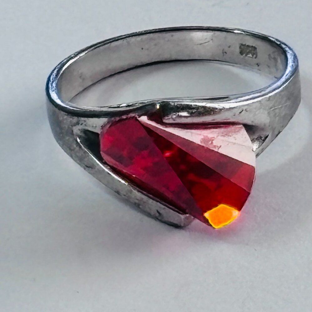 Vintage Signed 925 Sterling Silver Red Orange Faceted Statement Ring Size 11.5